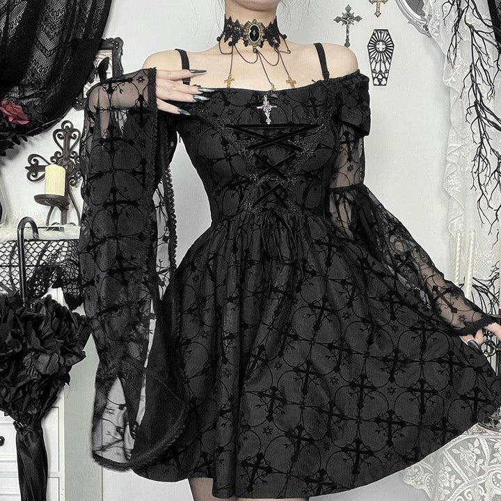 a beautiful woman wear goth black velvet off shoulder sleeveless dress