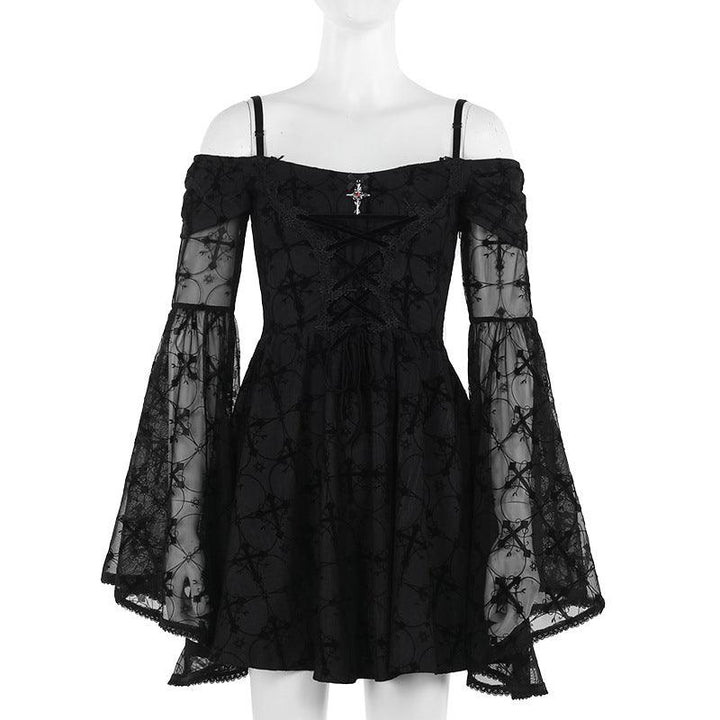 details of goth black velvet off shoulder sleeveless dress