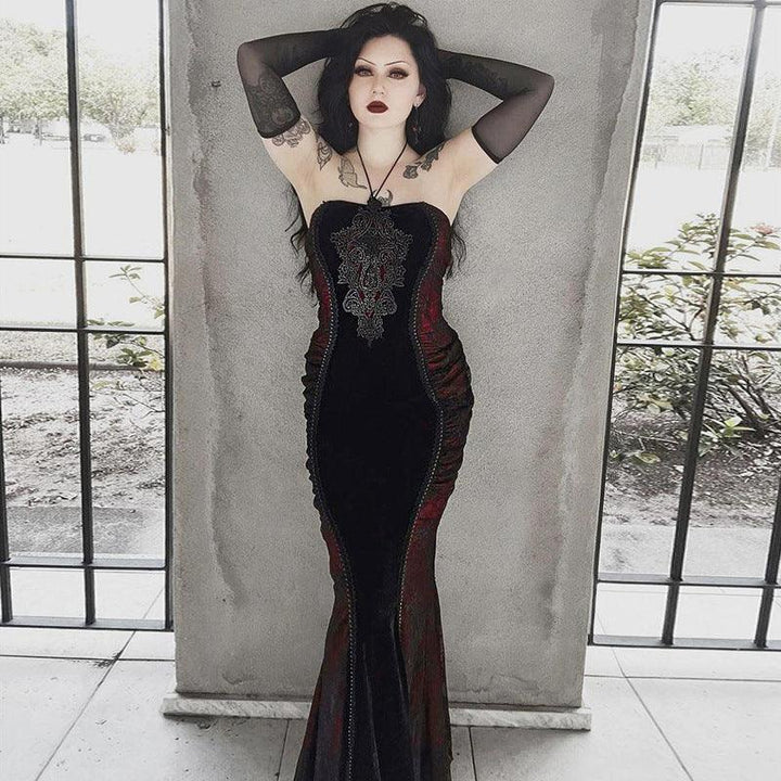 a beautiful woman wear a gothic black and red sexy fitted mermaid hem dress