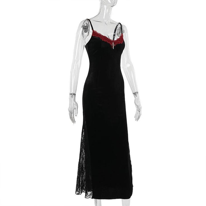 gothic black and red sleeveless dress with cross pendant