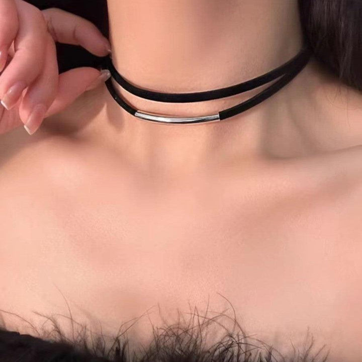 a gothic black leather buckle linear choker