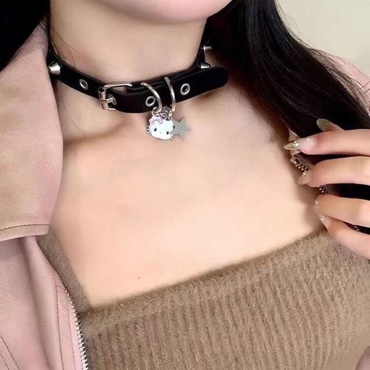 a gothic black leather buckle Hello Kitty choker