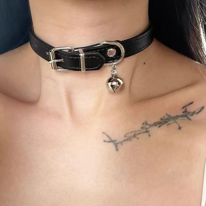 a gothic black leather buckle bell choker