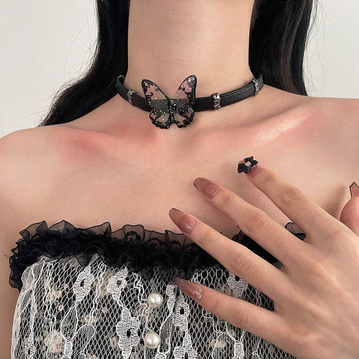 a gothic black leather buckle bling butterfly choker