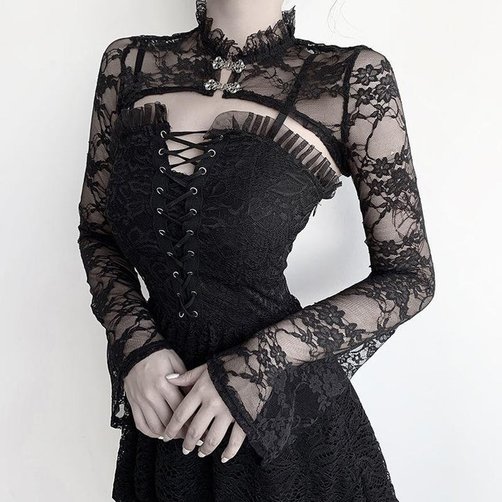 a woman wear a gothic black tight long sleeve sexy lace shirt