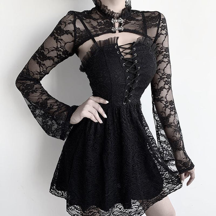 a woman wear a gothic black tight long sleeve sexy lace shirt