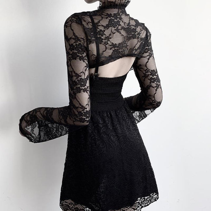 a woman wear a gothic black tight long sleeve sexy lace shirt