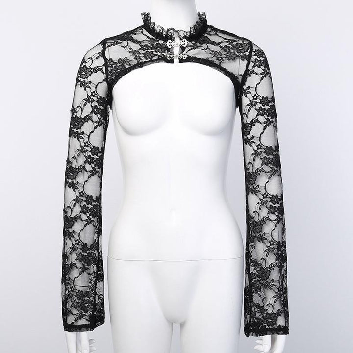 details of a gothic black tight long sleeve sexy lace shirt