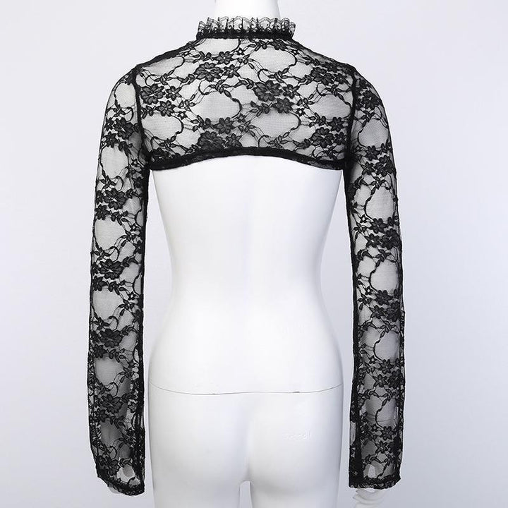 details of a gothic black tight long sleeve sexy lace shirt