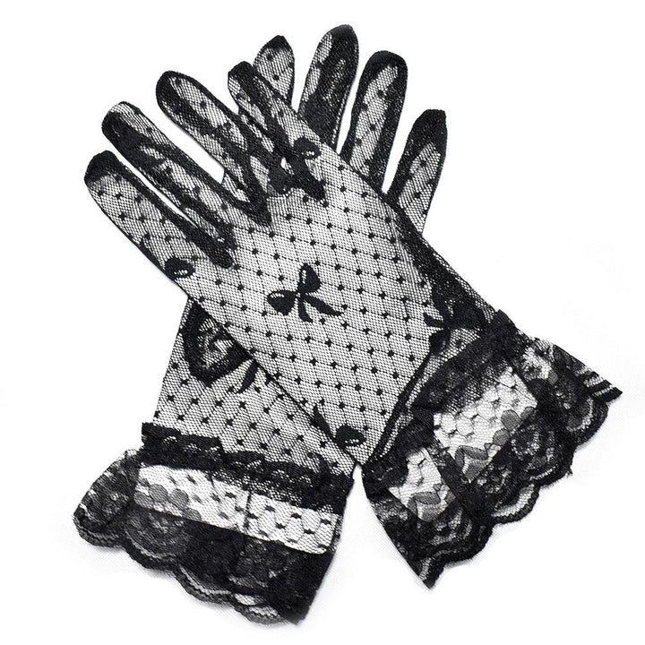 details of gothic black mesh bow lace short gloves