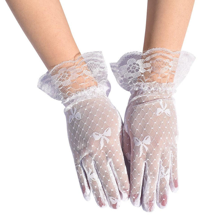 a woman wear gothic white mesh bow lace short gloves