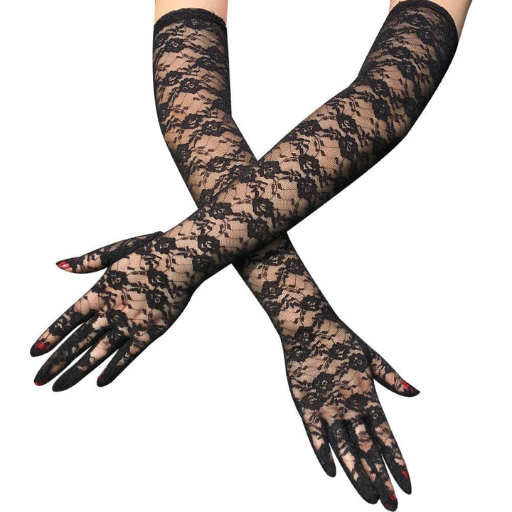 gothic black wedding lace full finger long gloves