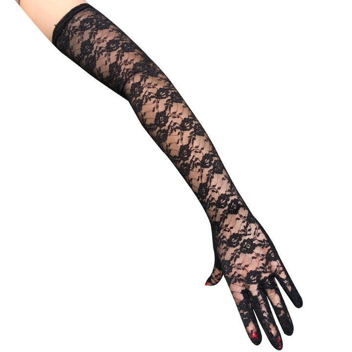 details of gothic black wedding lace full finger long gloves