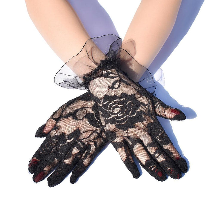 details of gothic elegant rose lace mesh short gloves