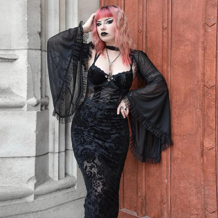 a woman wear a gothic lace flared long sleeve casual black shawl