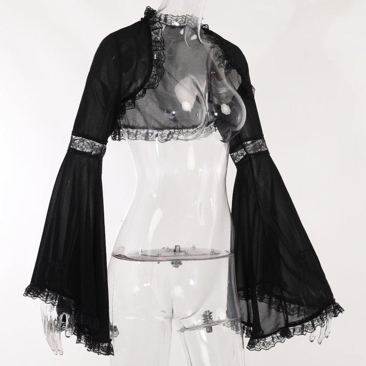 details of a gothic lace flared long sleeve casual black shawl