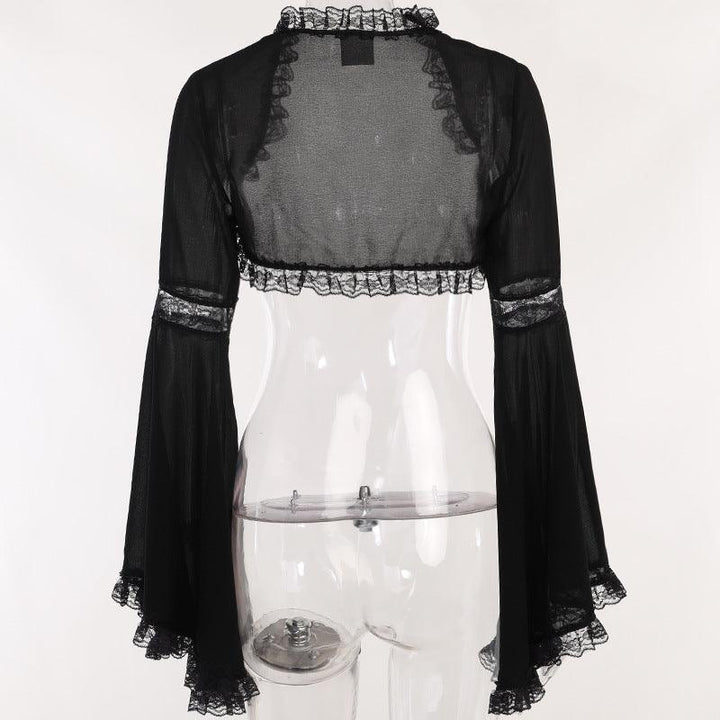 details of a gothic lace flared long sleeve casual black shawl