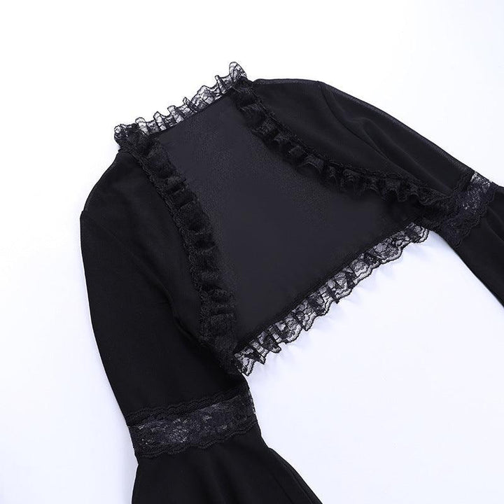 details of a gothic lace flared long sleeve casual black shawl