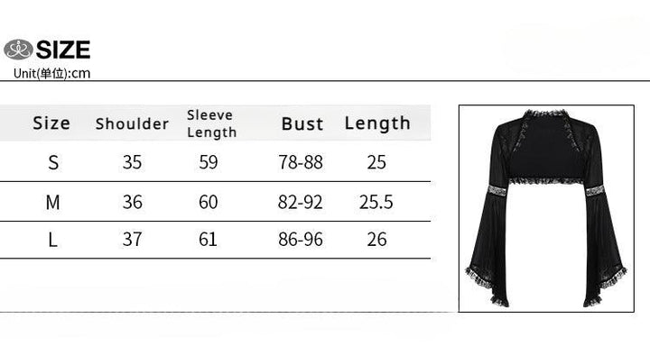 size chart of a gothic lace flared long sleeve casual black shawl