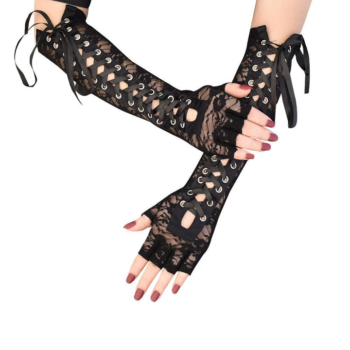 gothic lolita lace black strap half finger gloves