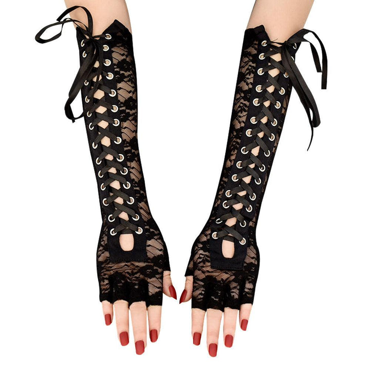 details of gothic lolita lace black strap half finger gloves