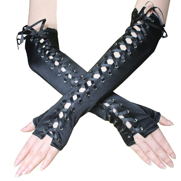 gothic punk strappy black long gloves