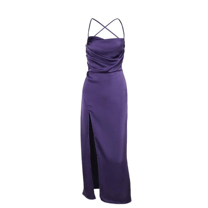 gothic purple satin sleeveless dress with side slit