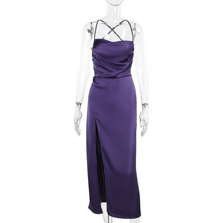 details of gothic purple satin sleeveless dress with side slit