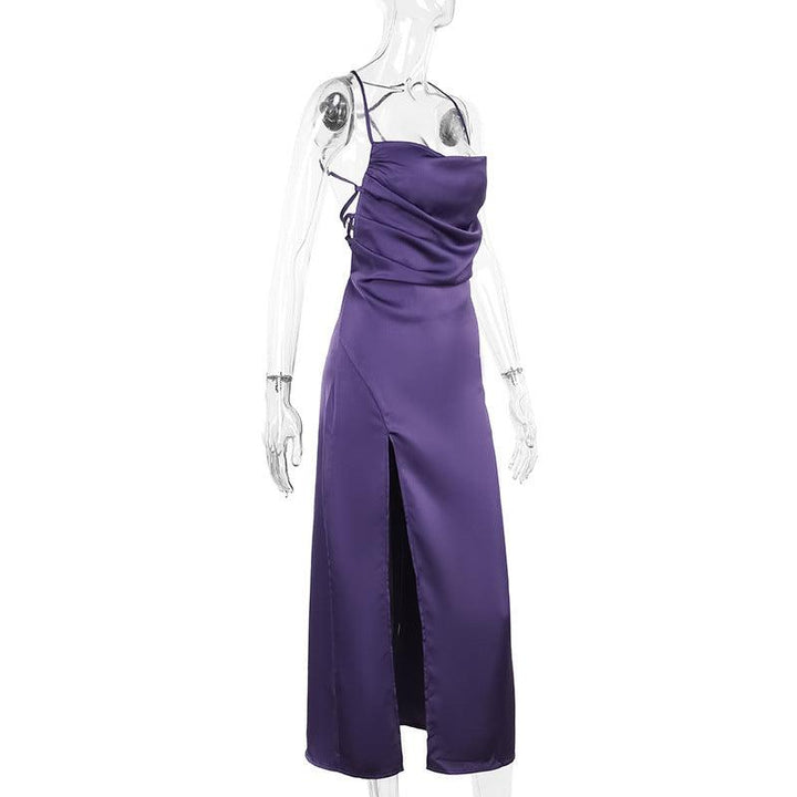 details of gothic purple satin sleeveless dress with side slit