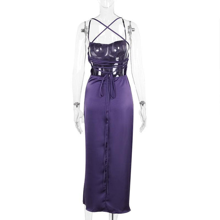 details of gothic purple satin sleeveless dress with side slit