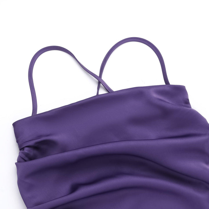 details of gothic purple satin sleeveless dress with side slit