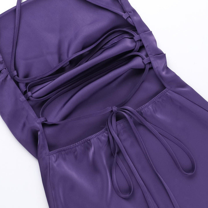 details of gothic purple satin sleeveless dress with side slit