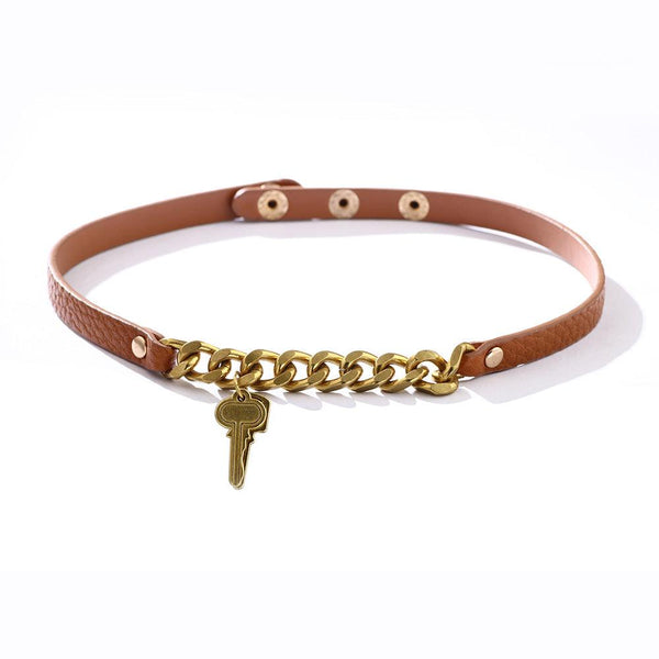 a gothic brown lucky key chain pu leather choker