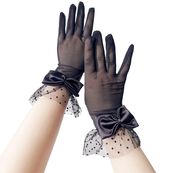 a woman wear black gothic sexy bow dot stretch mesh short gloves