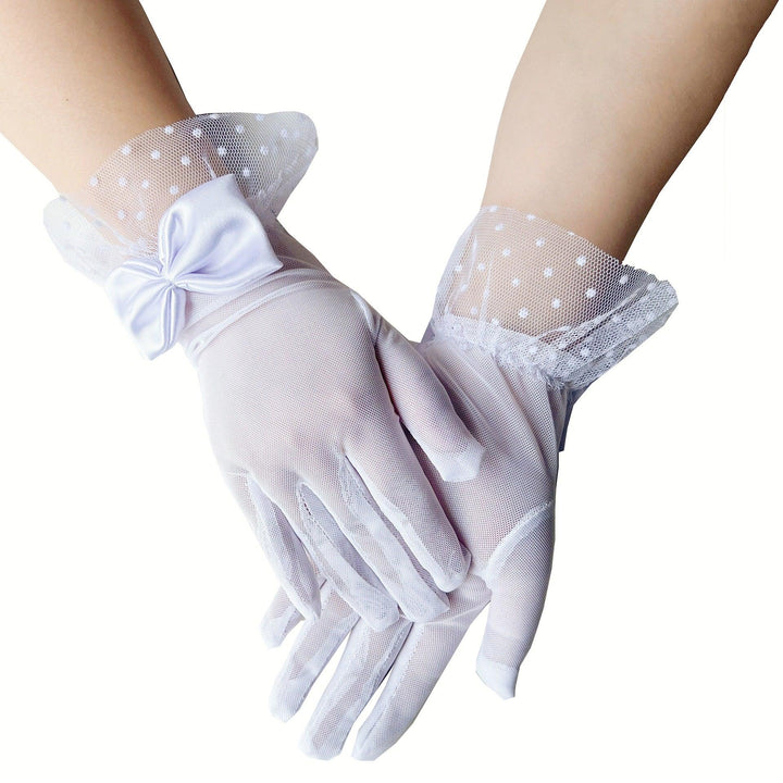 a woman wear white gothic sexy bow dot stretch mesh short gloves