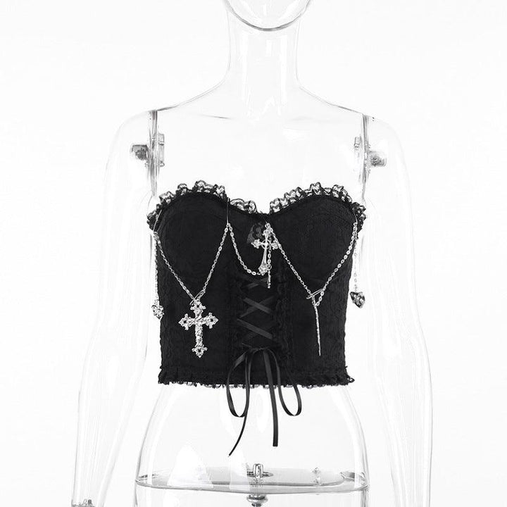 details of gothic sleeveless black cross chain strap top