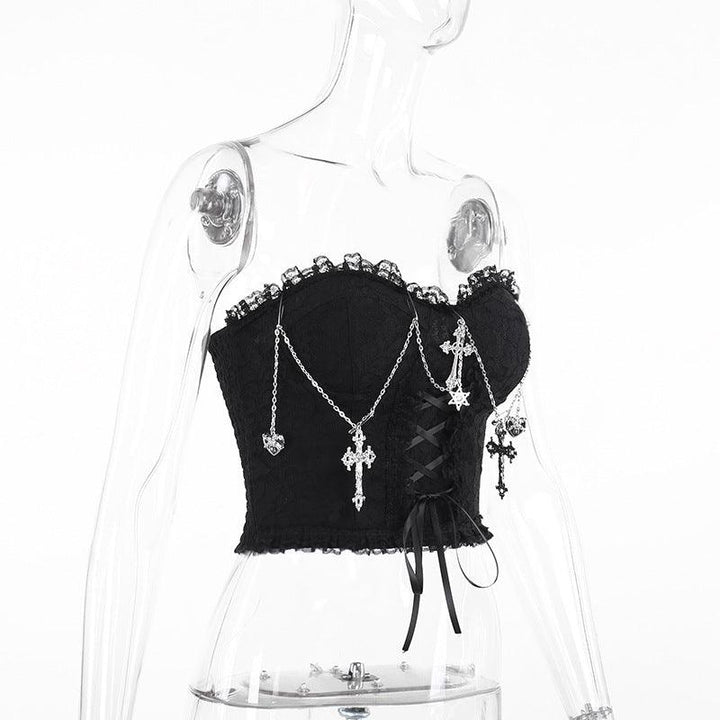 details of gothic sleeveless black cross chain strap top