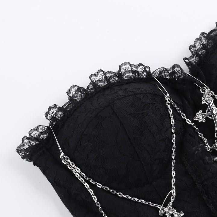 details of gothic sleeveless black cross chain strap top