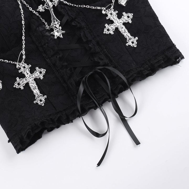 details of gothic sleeveless black cross chain strap top