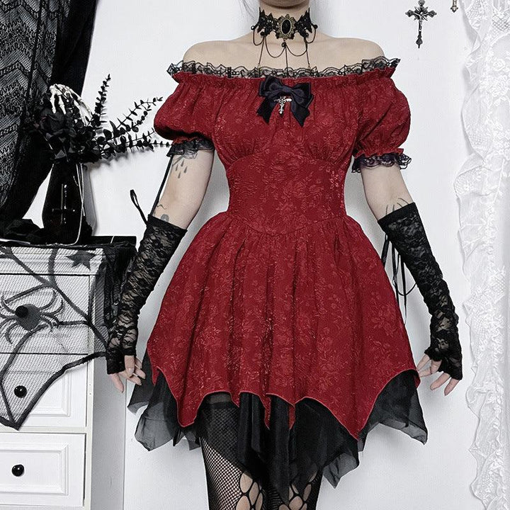 a woman wear a gothic victorian off shoulder burgundy red dress