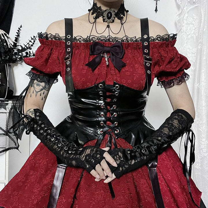 a woman wear a gothic victorian off shoulder burgundy red dress