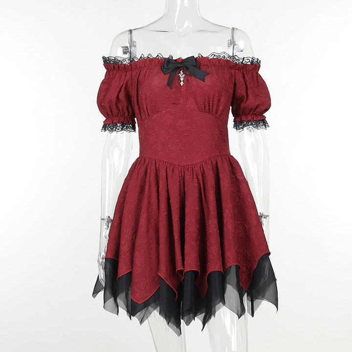 details of gothic victorian off shoulder burgundy red dress