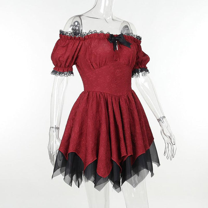 details of gothic victorian off shoulder burgundy red dress