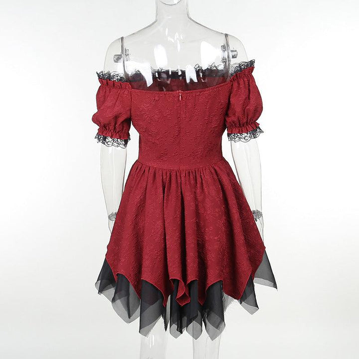 details of gothic victorian off shoulder burgundy red dress