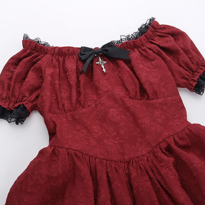 details of gothic victorian off shoulder burgundy red dress