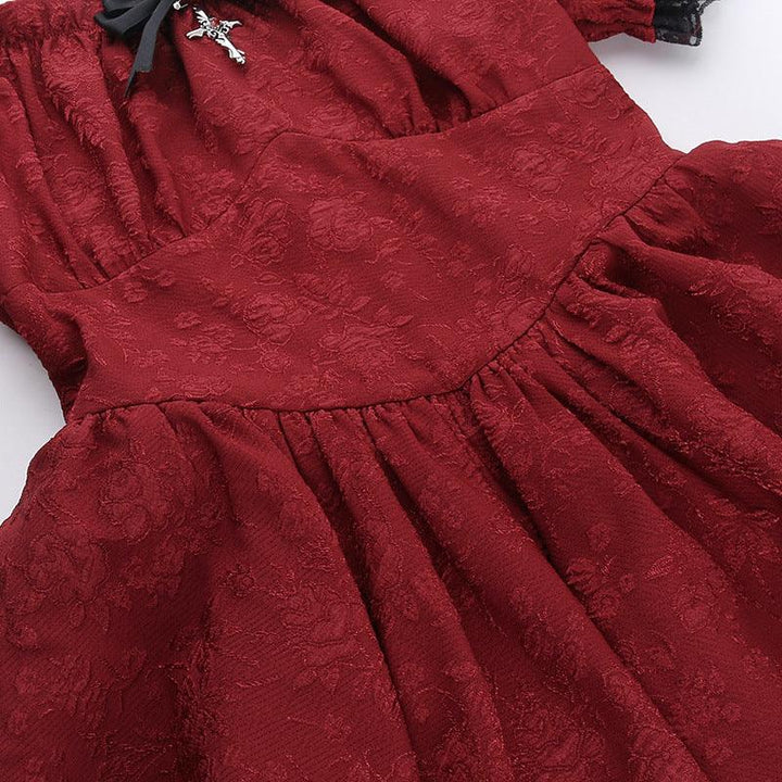 details of gothic victorian off shoulder burgundy red dress