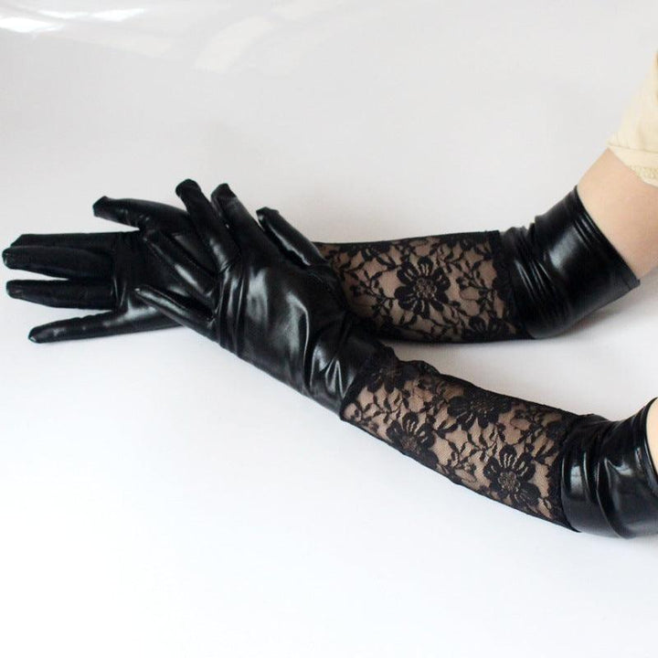 a woman wear gothic vintage black patent leather lace long gloves