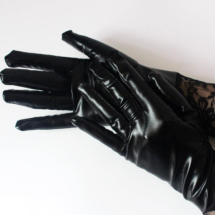 a woman wear gothic vintage black patent leather lace long gloves