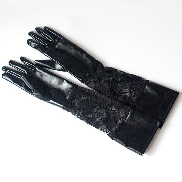 details of gothic vintage black patent leather lace long gloves