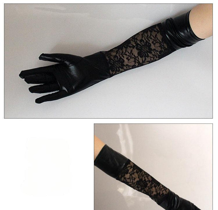 details of gothic vintage black patent leather lace long gloves